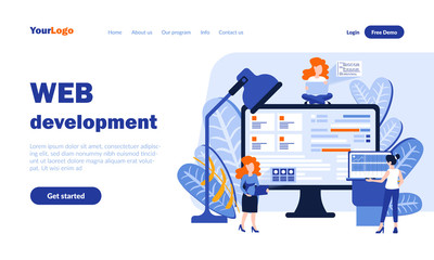web development vector landing page template with header. online business web banner, homepage desig