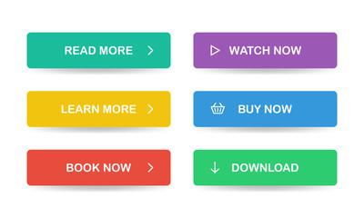 Wall Mural - Flat style buttons for website. Read more, Learn more, Book now, Watch now, Buy now, Download. Vector EPS 10