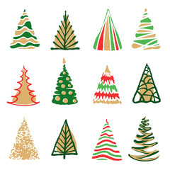 hand drawn doodle christmas tree set. red green color sketch style holiday trees. new year vector sy
