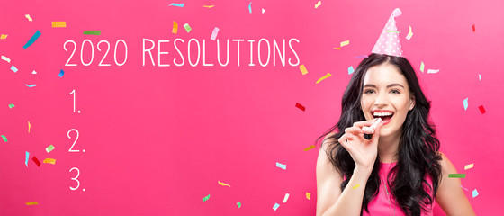 Poster - 2020 Resolutions with young woman with party theme on a pink background