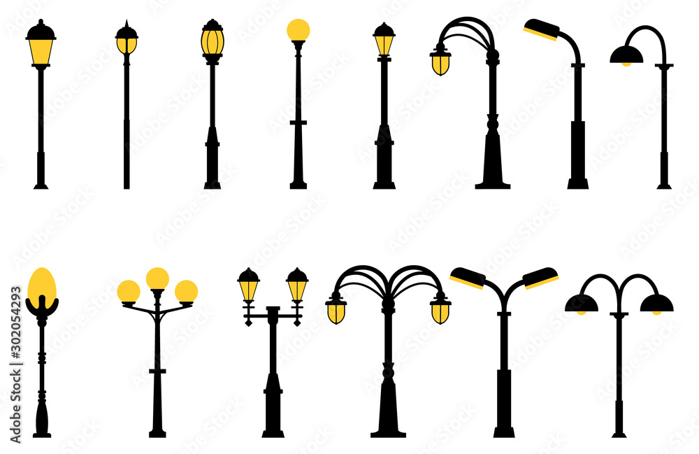 Set of street lights black silhouette isolated on white background. Collection of modern and vintage street lights. Elements for landscape construction. Vector illustration for any design. - obrazy, fototapety, plakaty 