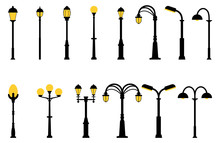 Set Of Street Lights Black Silhouette Isolated On White Background. Collection Of Modern And Vintage Street Lights. Elements For Landscape Construction. Vector Illustration For Any Design.
