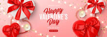Valentine's Day Sale Banner Template. Vector Illustration With Realistic Red And White Gift Boxes, Sparkling Light Garland, Candles And Confetti On Pink Background. Promo Discount Banner.
