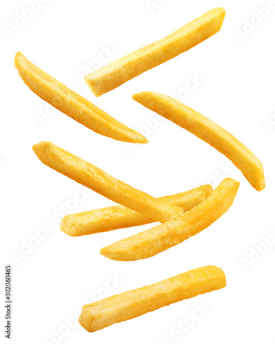 Fotomural Falling french fries, potato fry isolated on white background, clipping path, fu