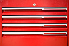 Background Of Joiner's Metal Box. Metal Drawer Drawers. Texture Of Red Toolbox
