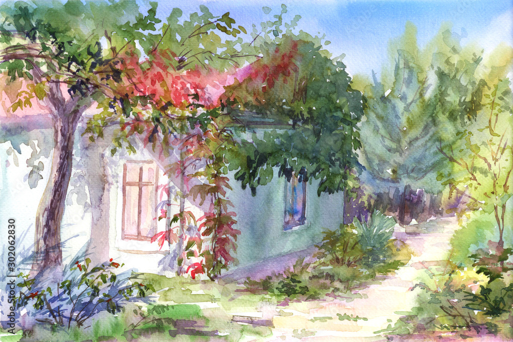 House in the garden,hand drawn.Watercolor sketch - obrazy, fototapety, plakaty 