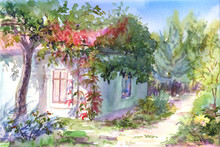 House In The Garden,hand Drawn.Watercolor Sketch