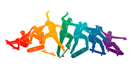 Wall Mural - Skate people silhouettes skateboarders colorful vector illustration background extreme skateboard, skateboarding	