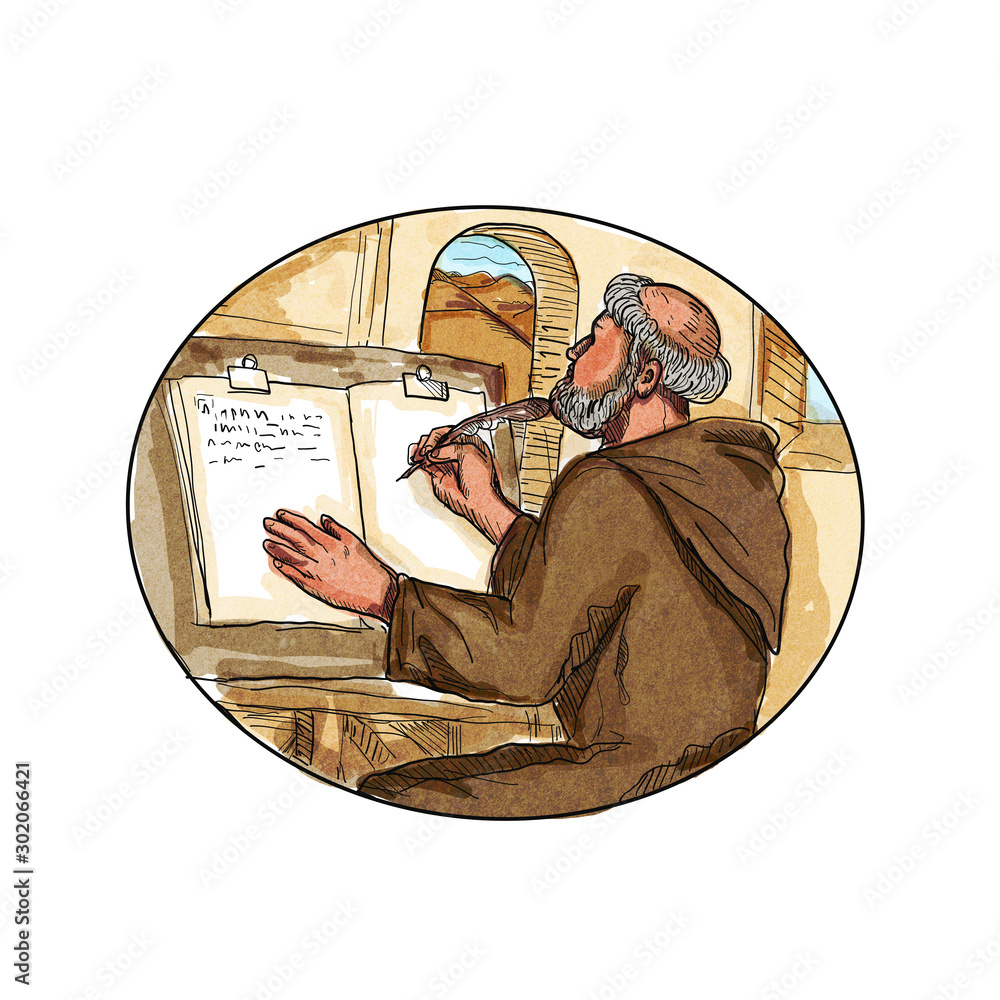 Medieval monk  in monastery writing book Drawing - obrazy, fototapety, plakaty 