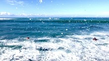 Beautiful Blue Pacific Ocean View And Many Surfers Waiting For Waves In Waikiki Beach Honolulu, Oahu Island, Hawaii.