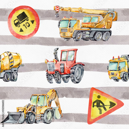 Naklejka na szybę Watercolor seamless pattern with colorful little toy Trucks, Cars and Road Signs. Watercolor Strips Grunge Background for Kids. Red tractor, Excavator, Digger machine, Building machines, Concrete