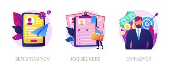 Sticker - Job searching. Employment service, recruitment agency. Resume writing, finding work. Vacant position. Send your CV, job seekers, employers metaphors. Vector isolated concept metaphor illustrations