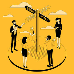 Flat design isometric concept for decision technology and effective solution with directional sign and people choosing a path