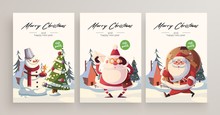 New Year 2020 And Christmas Greeting Card Collection. Cute Holiday Themed Characters And Situations