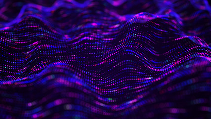 Fototapete - Futuristic dots background. Color music sound waves. Big data visualization. 3d rendering.
