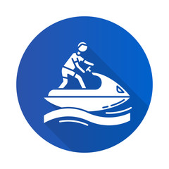 Poster - Jetskiing blue flat design long shadow glyph icon. Summer activity. Jet ski riding. Man on water scooter. Watersports, extreme and dangerous kind of sport.Vector silhouette illustration