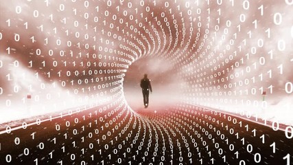 Wall Mural - artistic walking on digital binary numbers cyberspace road. futuristic artificial intelligence backg