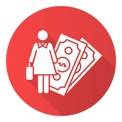 Poster - Female economic red flat design long shadow glyph icon. Woman rights, gender equality. Female finance career. Successful businesswoman. Feminism, democracy. Vector silhouette illustration