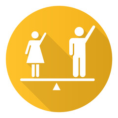 Sticker - Gender equality yellow flat design long shadow glyph icon. Woman and man human right. Female and male balancing on scale. Justice, equality, empowerment. Social unity. Vector silhouette illustration