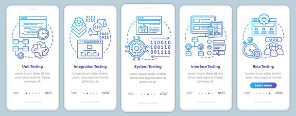 Functional software testing onboarding mobile app page screen vector template. Progam usability analysis. Walkthrough website steps with linear illustrations. UX, UI, GUI smartphone interface concept