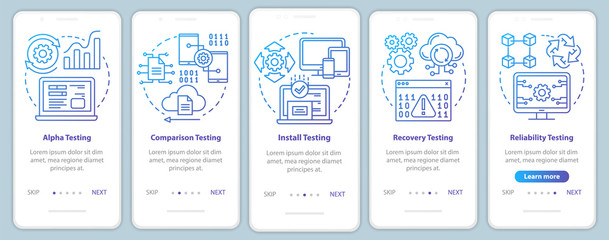 Software performance testing onboarding mobile app page screen vector template. Program quality control. Walkthrough website steps with linear illustrations. UX, UI, GUI smartphone interface concept