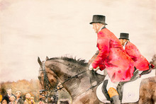 Watercolor Painting Of Two Horse Riders In Red Uniforms And Top Hats During A Fox Hunt. Equestrian Riding Sport In A Public Park. Image With Copy Space.