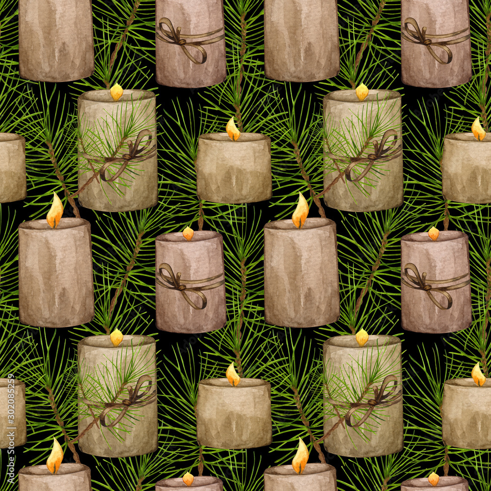 Watercolor Christmas seamless pattern with candles, pine tree on black ...