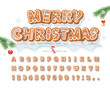 Christmas Gingerbread Cookie font. Bisquit traditional decorative alphabet. Hand drawn cartoon colorful letters, numbers and symbols for holidays design. Vector