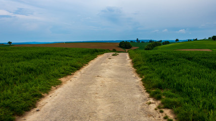 Wall Mural - Dirt road in the field with diminishing perspective against blue sky in Neudenau, Germany.