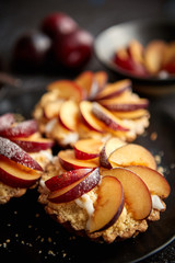 Delicious homemade mini tarts with fresh sliced plum fruit