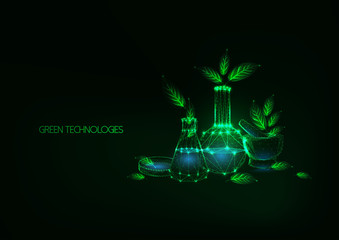 Wall Mural - Futuristic eco friendly green technology concept with science laboratory glassware and green leaves