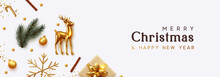 Christmas Banner. Xmas Background With Realistic Objects, Gold Metal Deer, Spruce Branches, Gift Boxes. New Year's Traditional Decorations, Viewed From Above. Horizontal Poster, Header, Website.