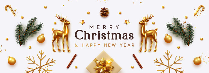Wall Mural - christmas banner. xmas background with realistic objects, gold metal deer, spruce branches, gift box