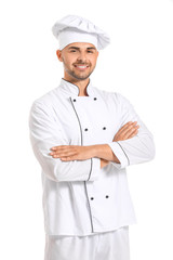 Poster - Portrait of male confectioner on white background