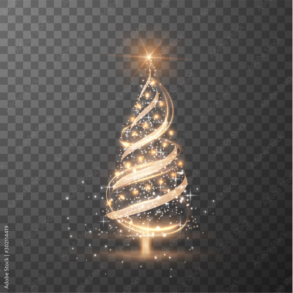 Merry Christmas transparent shiny tree silhouette on checkered background - obrazy, fototapety, plakaty 