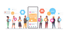 People Group Holding Different Types Of Communication Icons Mix Race Men Women Standing Together Near Smrtphone Screen Online Mobile App Social Network Concept Full Length Horizontal Vector