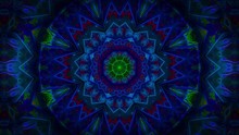 Geometrical Psychedelic Kaleidoscope Background, Looped Animation With Line And Flowery Patterns Emitting Outwards And Inwards. Seamless Looped Pulsating Lights And Abstract  Mandala.