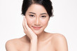 © kitthanes  - Beautiful young Asian woman touching soft cheek and smile with clean and fresh skin. Happiness and cheerful with, isolated on white background, Beauty and Cosmetics Concept,