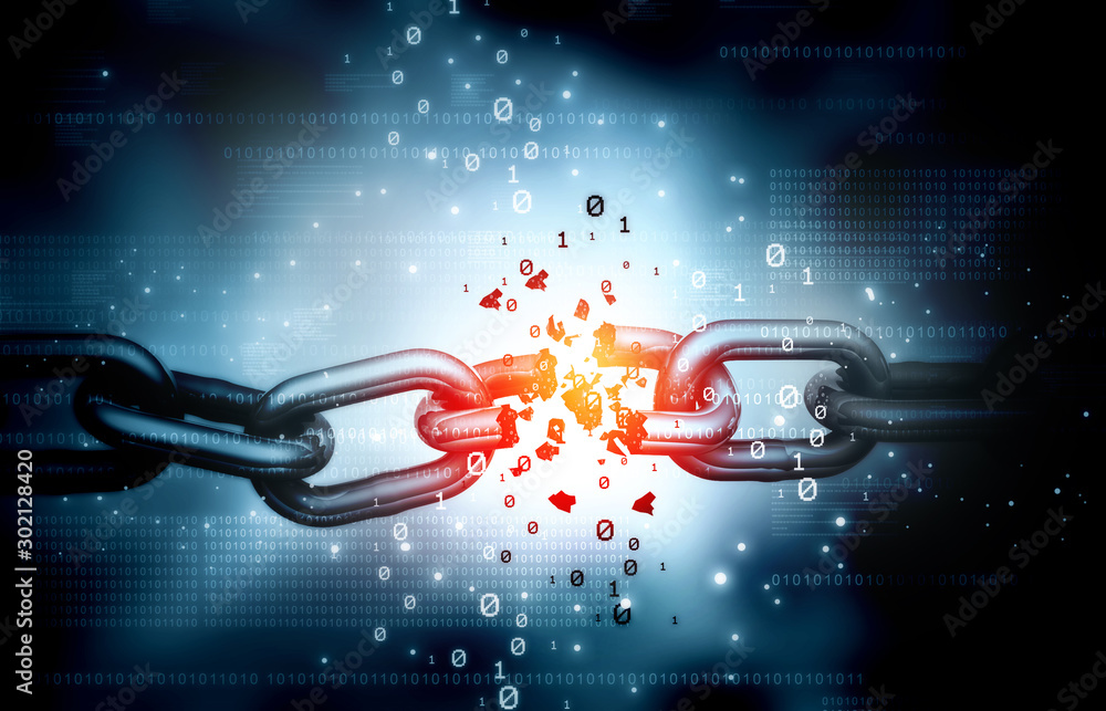 Broken data chain. Data hacked concept. 3d illustration. Stock ...