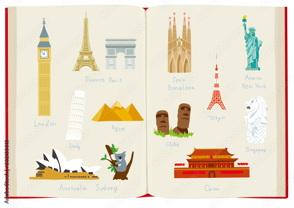 世界,建物,有名,建築,イラスト,セット,アメリカ,スペイン,ピラミッド,中国,オーストラリア,ロンドン,イギリス,コアラ,動物,かわいい,観光,モアイ像,イースター島,パリ,フランス,白バック,日本,世界中,海外,ヨーロッパ,世界遺産,観光地,旅行,アジア,シドニー,観光スポット