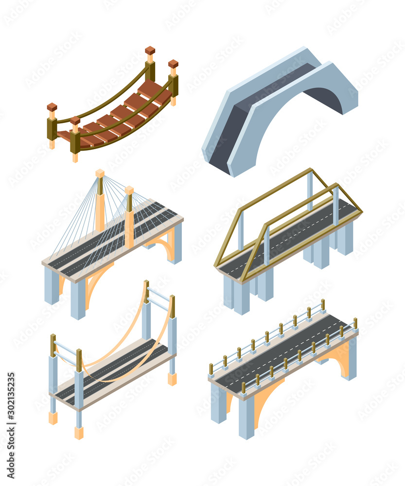Different types of bridges isometric 3D vector illustrations set Stock ...
