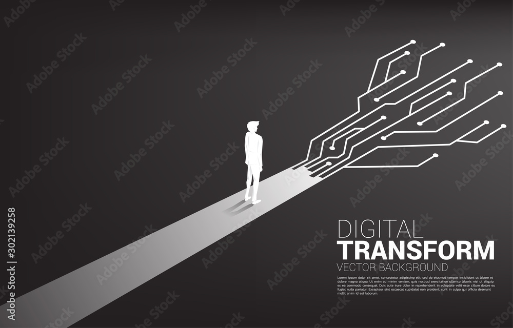 Silhouette of businessman standing on the way with dot connect line circuit. concept of digital transformation of business. - obrazy, fototapety, plakaty 