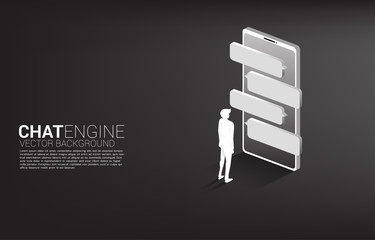 Poster - Silhouette of businessman standing with bubble speech on mobile phone. concept of chat bot engine and communication.