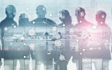 Wall Mural - industrial business process workflow organisation structure on virtual screen. iot technology smart 