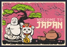 Japanese Sakura, Lucky Cat, Bonsai And Tea Set
