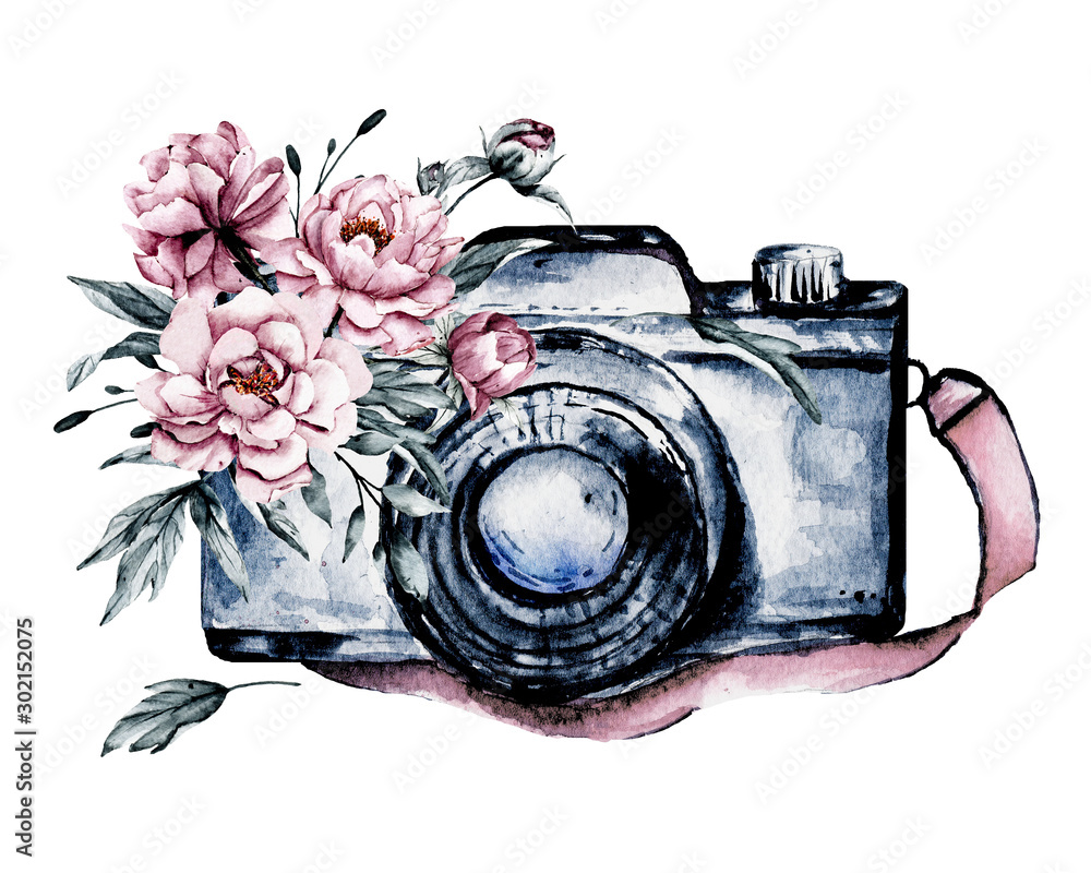 Camera with flowers. Sketch watercolor hand painting, isolated on white background. - obrazy, fototapety, plakaty 