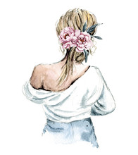 Sketch Cute Girl With Flowers. Watercolor Hand Painting, Woman Isolated On White Background.