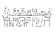 Family Meal. Young And Old Family Members Talking And Eat At The Table. Dinner. Linear Vector Illustration. Editable Stroke
