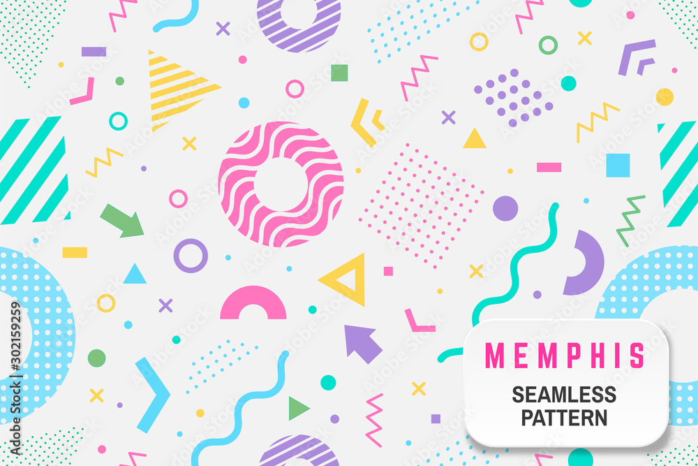 Memphis seamless pattern. Vector. Different halftone geometric shape and colorful geometric shapes seamless pattern. - obrazy, fototapety, plakaty 