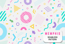 Memphis Seamless Pattern. Vector. Different Halftone Geometric Shape And Colorful Geometric Shapes Seamless Pattern.